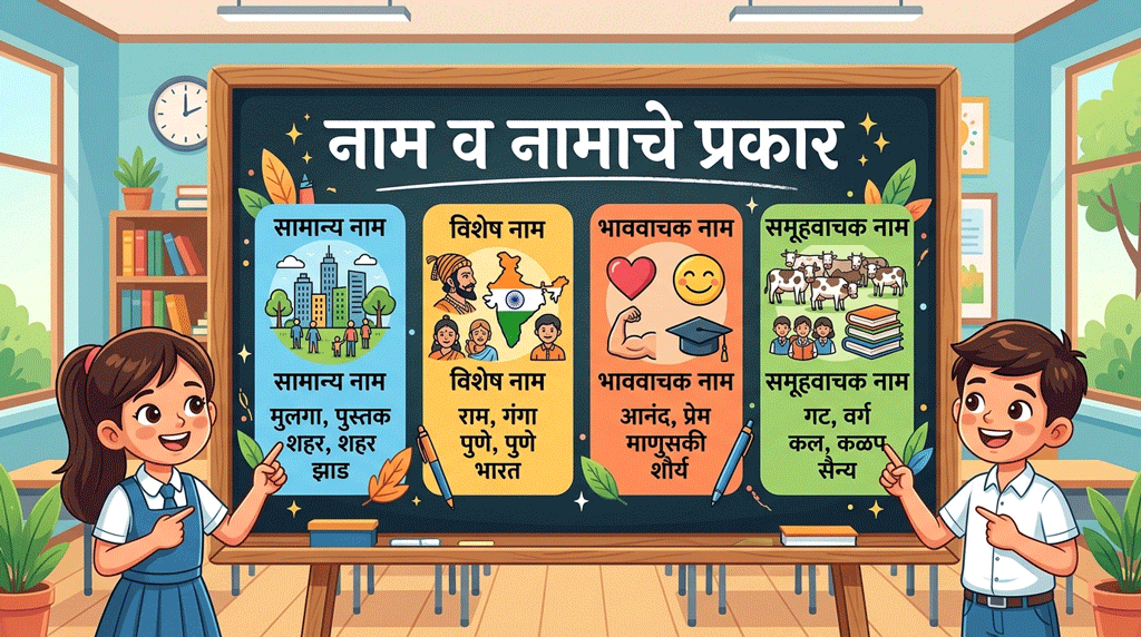मराठी व्याकरण: नाम (Noun) – व्याख्या, प्रकार आणि सविस्तर उदाहरणे